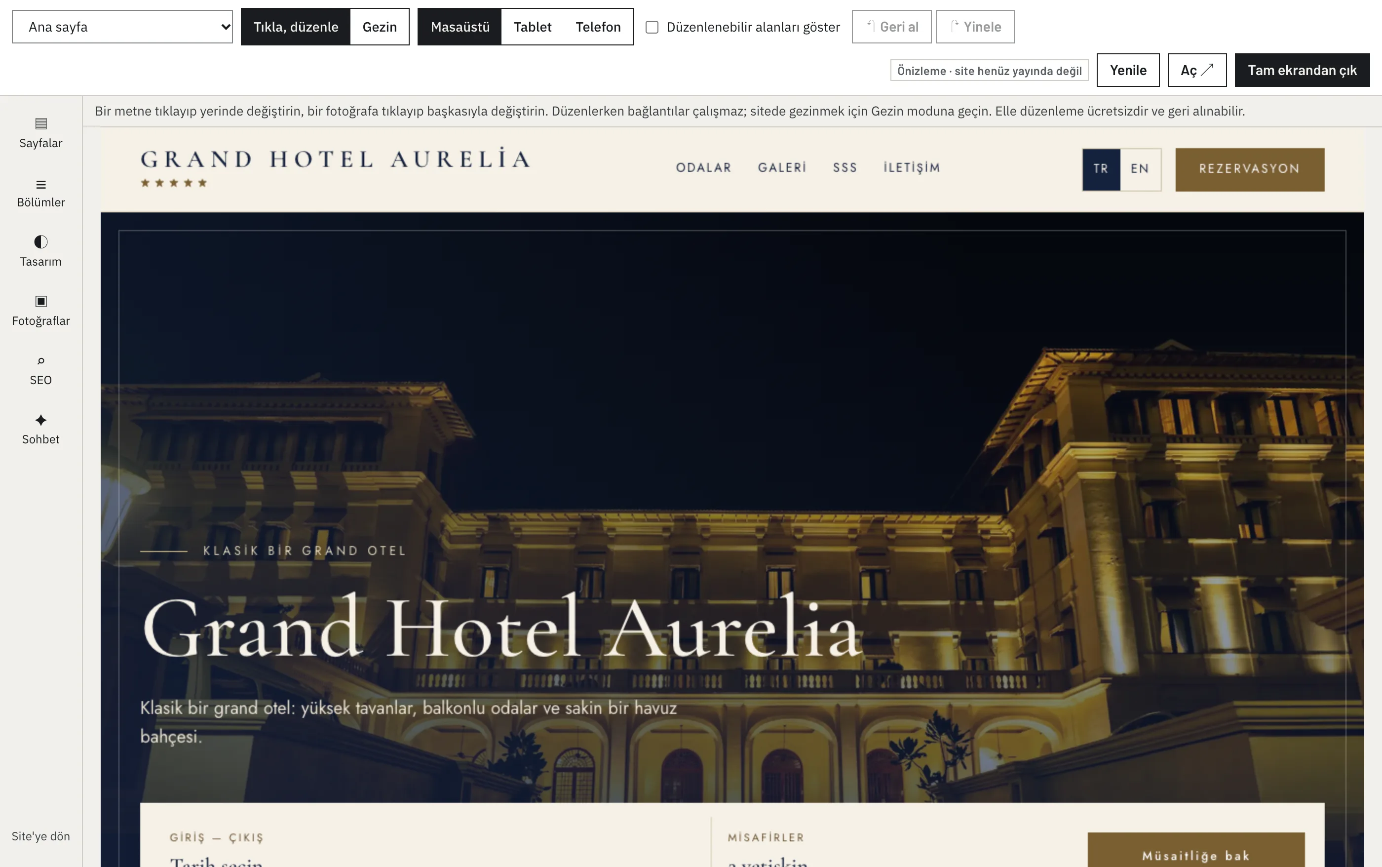 Görsel editör: otel sitesinin canlı önizlemesinin yanında Site agent’ı sohbeti